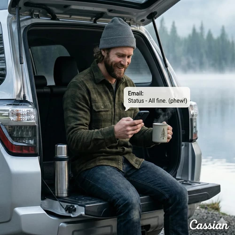 Store owner on holiday checking phone — Cassian™ says all fine