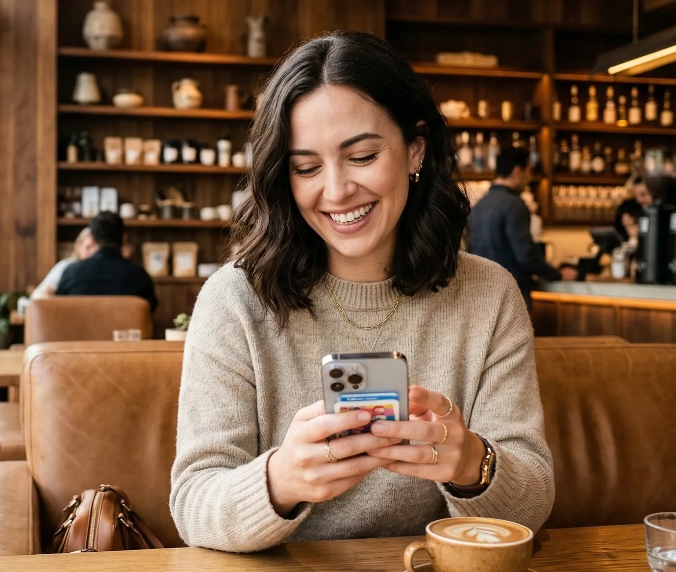 Store owner checking Cassian on her phone